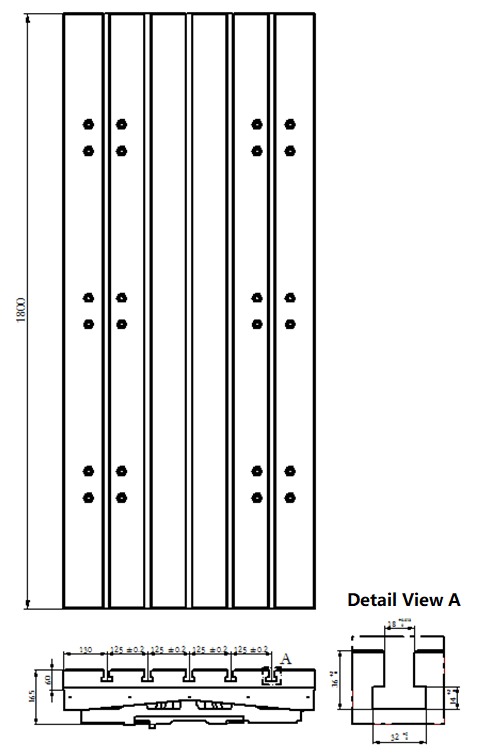 Bumblebee DV16D table drawing with T-slot dimensions