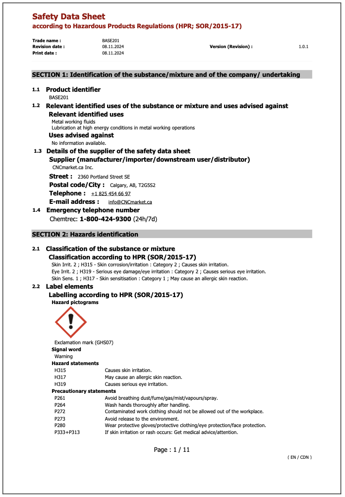 BASE201 Safety Data Sheet English