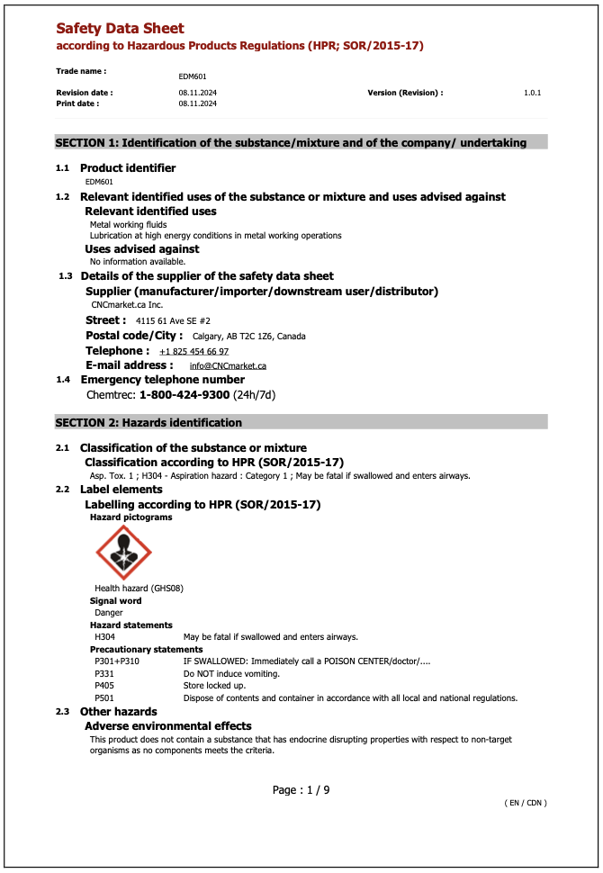 EDM601 Safety Data Sheet English