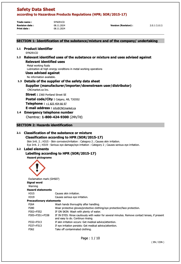 SYN291CO Safety Data Sheet English
