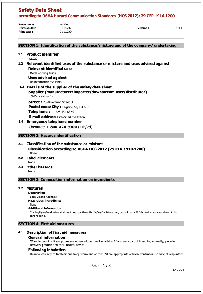 WL220 Safety Data Sheet English