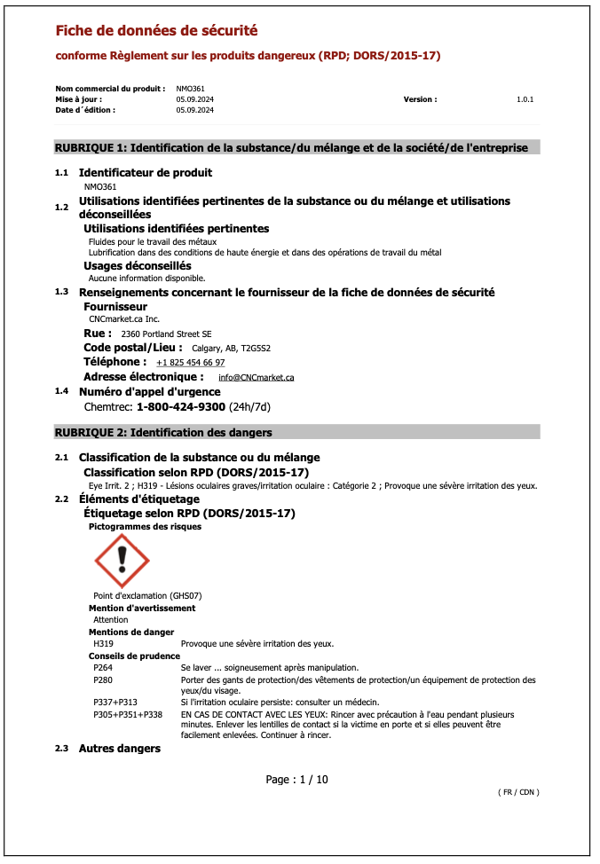 NMO361 Fiche de Données de Sécurité