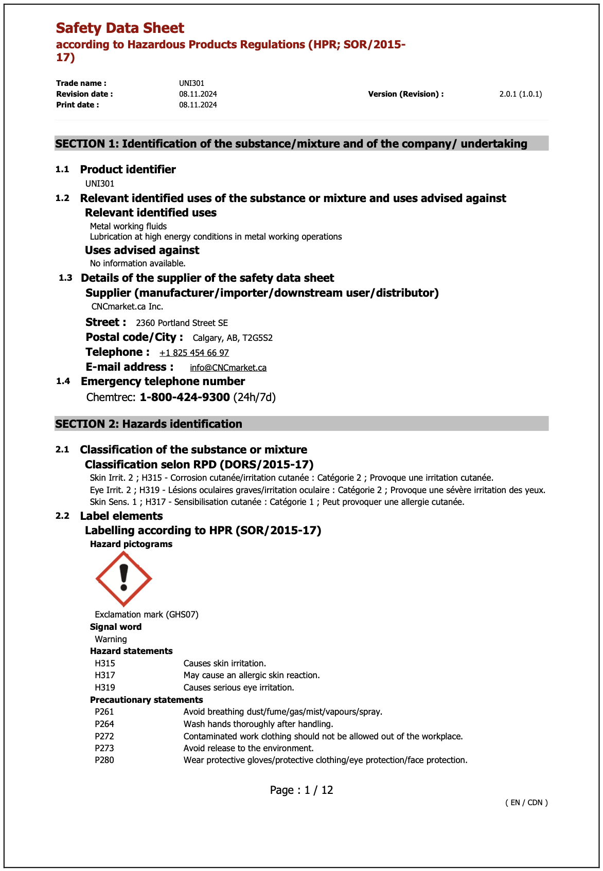 UNI301 Safety Data Sheet English