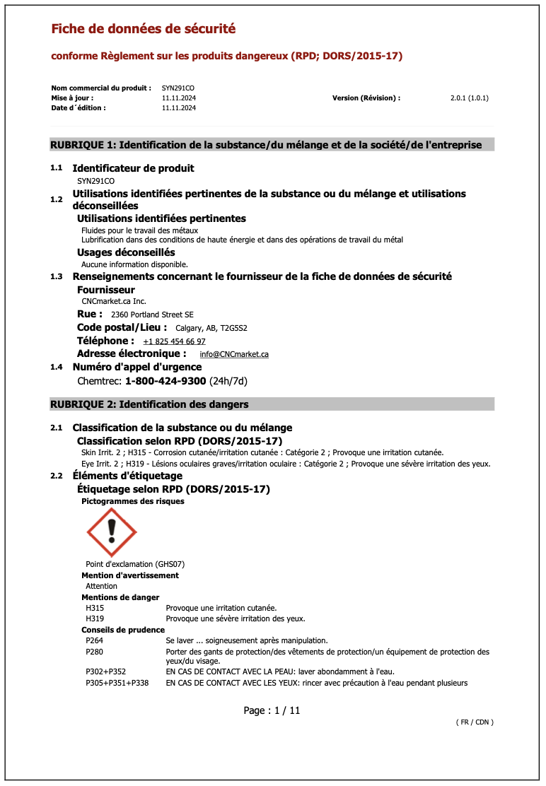 SYN291CO Fiche de Données de Sécurité