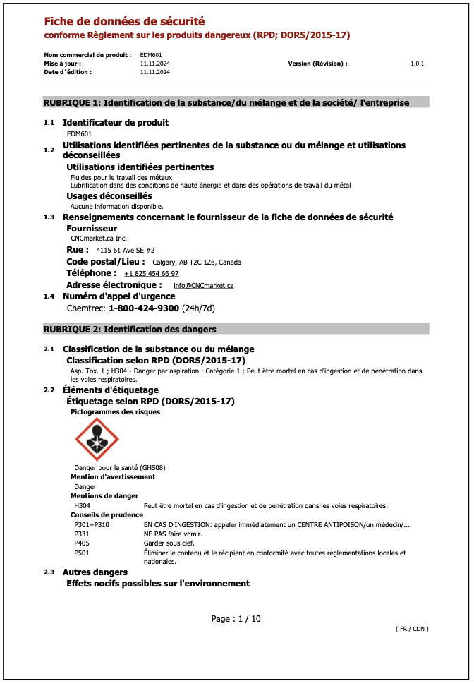 EDM601 Fiche de Données de Sécurité