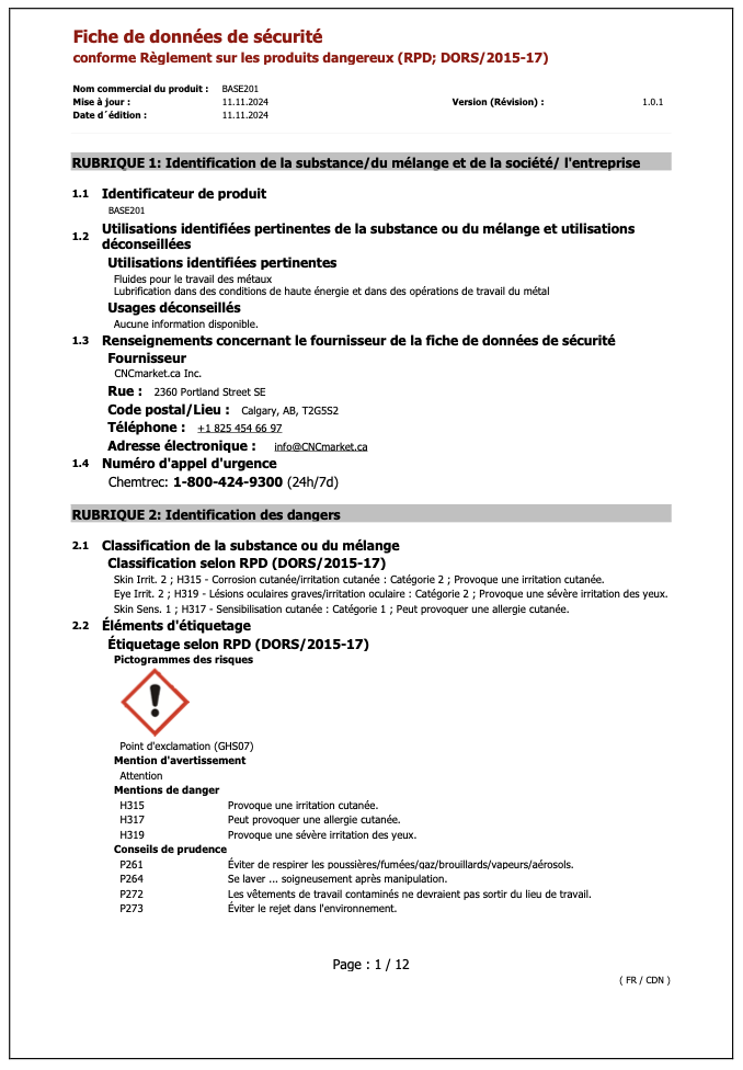 BASE201 Fiche de Données de Sécurité