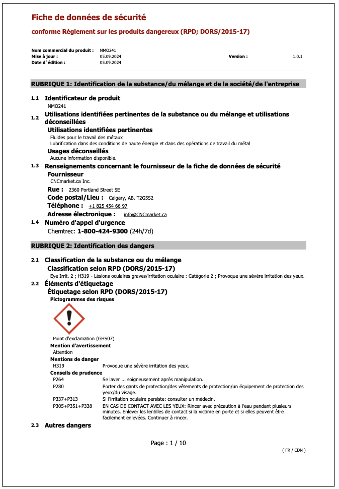 NMO241 Fiche de Données de Sécurité