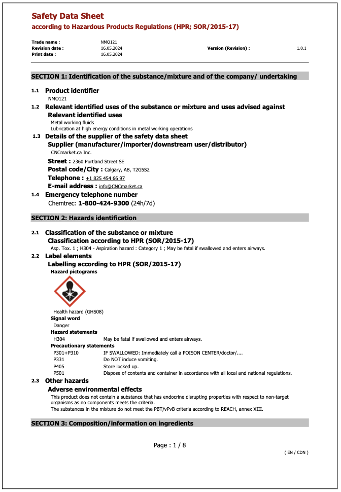 NMO121 Safety Data Sheet English