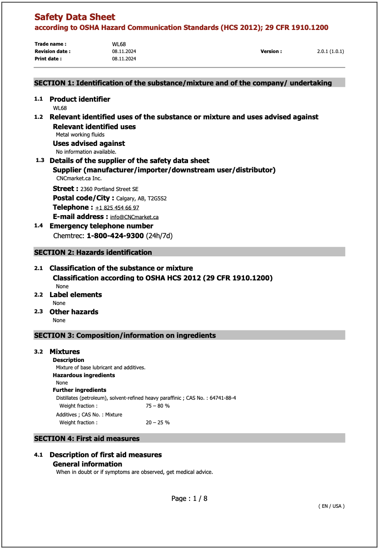 WL68 Safety Data Sheet English
