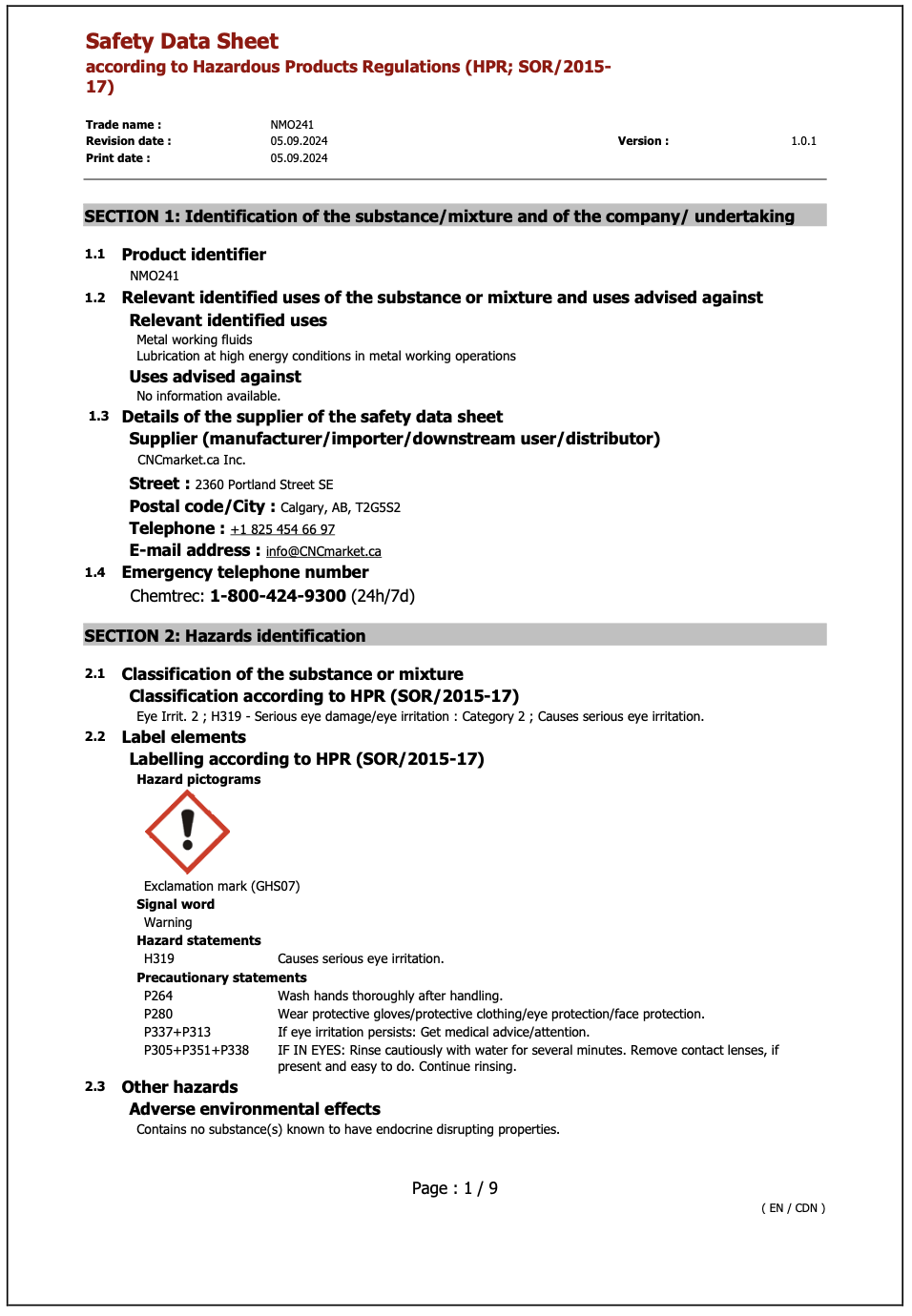 NMO241 Safety Data Sheet English