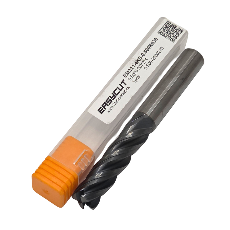 1/2" Carbide End Mill, 4 flutes, Bull Nose - R0.03", 2.0" LOC, AlCrN Coated