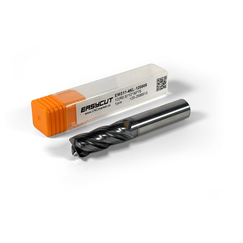 12 mm Carbide End Mill, 0.5 mm Corner Radius, 4 Flutes, Standard length, For P, M, K materials, AlCrN coated, LOC 30 mm