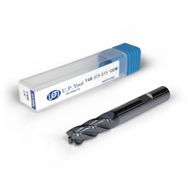 3/8" Carbide End Mill, 4 flutes, Bull Nose - R0.015", 1.0" LOC, AlCrN Coated, Weldon Shank
