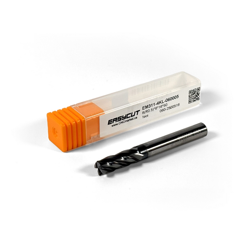6mm Carbide End Mill, 4 Flutes, Bull Nose - R0.5mm, 16mm LOC, AlCrN Coated